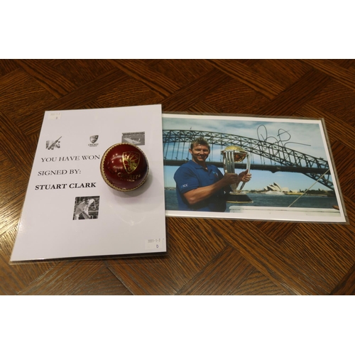 1746 - Unused cricket ball, signed by Stuart Clarke, with documents