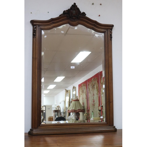 1057 - Antique French Louis XV style walnut surround mirror, bevelled glass plate, approx 134cm x 91cm