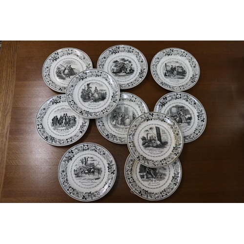 1094 - Set of ten antique early 19th century French creamware black printed plates, each approx 21cm Dia (1... 