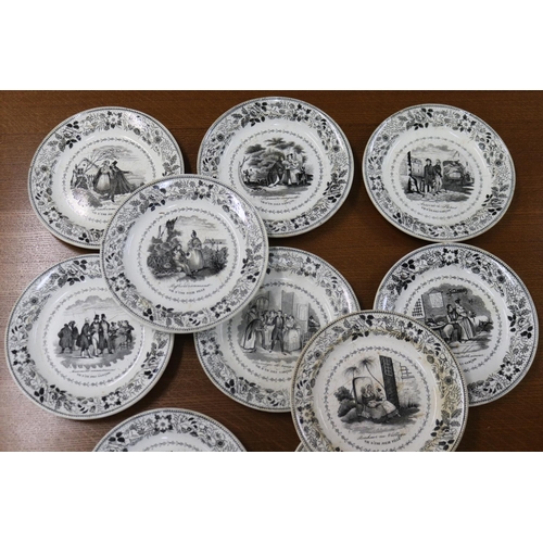 1094 - Set of ten antique early 19th century French creamware black printed plates, each approx 21cm Dia (1... 