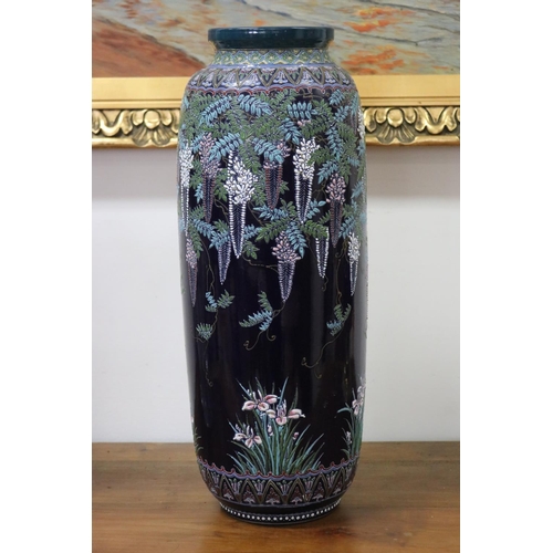 1099 - Fine quality antique Japanese pottery vase, of tapering cylinder shape, decorated in raised enamels,... 