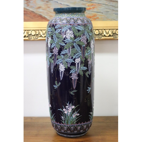 1099 - Fine quality antique Japanese pottery vase, of tapering cylinder shape, decorated in raised enamels,... 