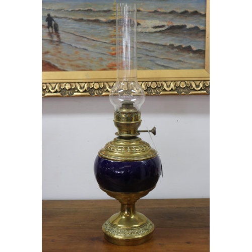 1100 - Antique French oil lamp, with blue porcelain central body, pressed brass mounts, approx 60cm H