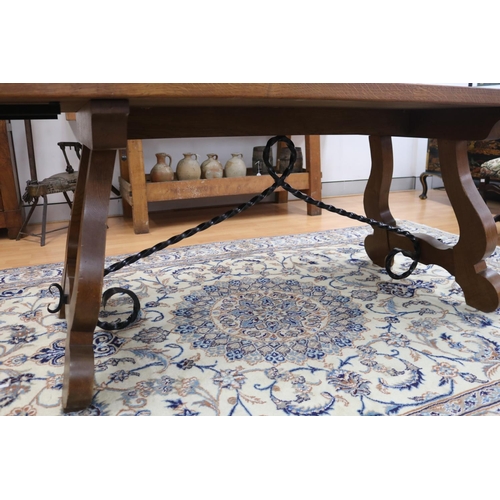 1121 - Vintage Spanish trestle end support table, with central iron stretcher, approx 76cm H x 179cm L x 90... 
