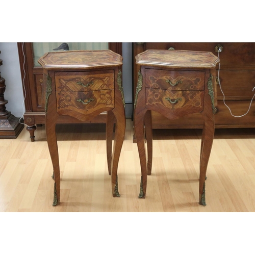 1132 - Pair of French two drawer nightstands, all over marquetry design, each approx 77cm H x 41cm W x 34cm... 