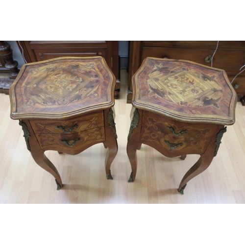 1132 - Pair of French two drawer nightstands, all over marquetry design, each approx 77cm H x 41cm W x 34cm... 