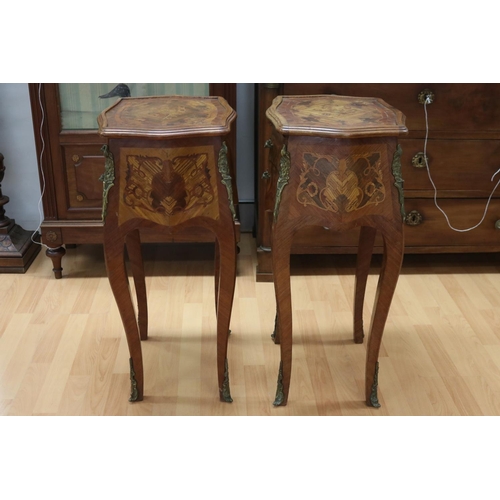 1132 - Pair of French two drawer nightstands, all over marquetry design, each approx 77cm H x 41cm W x 34cm... 