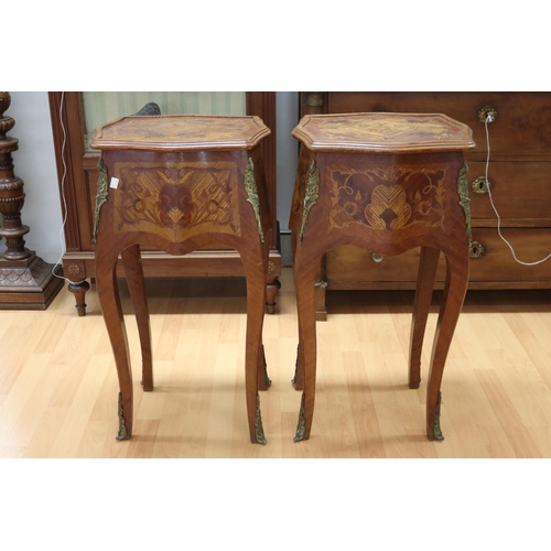 1132 - Pair of French two drawer nightstands, all over marquetry design, each approx 77cm H x 41cm W x 34cm... 