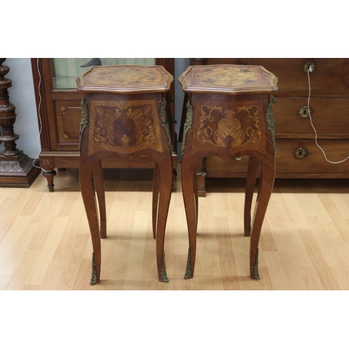 1132 - Pair of French two drawer nightstands, all over marquetry design, each approx 77cm H x 41cm W x 34cm... 