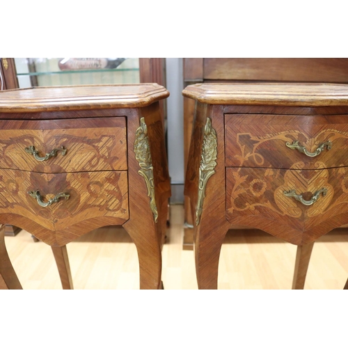 1132 - Pair of French two drawer nightstands, all over marquetry design, each approx 77cm H x 41cm W x 34cm... 