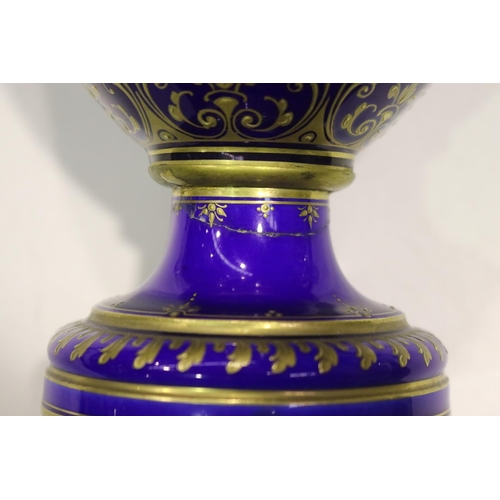 1717 - Antique Sevres cobalt blue porcelain lidded vase, with gilt highlights, marked to base, approx 39cm ... 