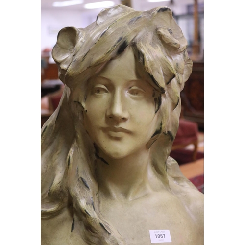 1067 - French painted faux bronze terracotta bust of a young maiden, approx 50cm H x 42cm W