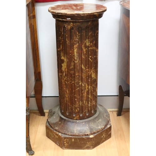 1069 - Antique French faux marble painted pedestal, fluted central column, approx 81cm H x 32cm Dia