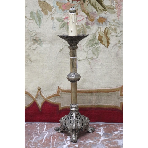 1073 - Antique French cast brass pricket, converted to lamp, approx 58cm H