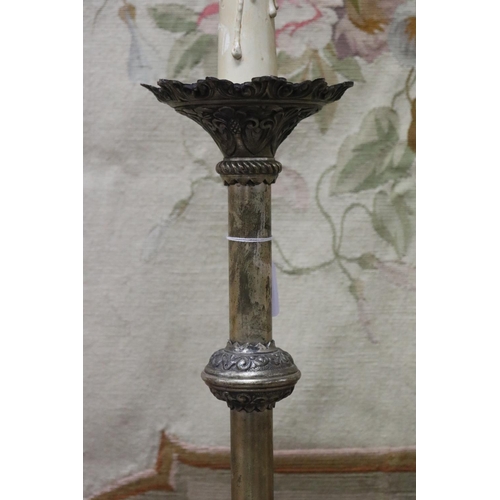 1073 - Antique French cast brass pricket, converted to lamp, approx 58cm H