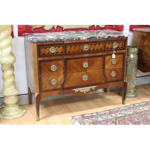 1076 - Quality French Louis marble topped transitional three drawer commode, approx 84cm H x 110m W x 48cm ... 