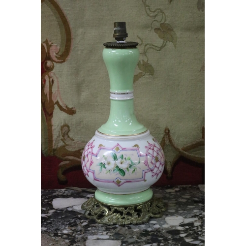 1077 - Antique French porcelain bodied lamp, pierced cast brass base, unknown working order, approx 41cm H