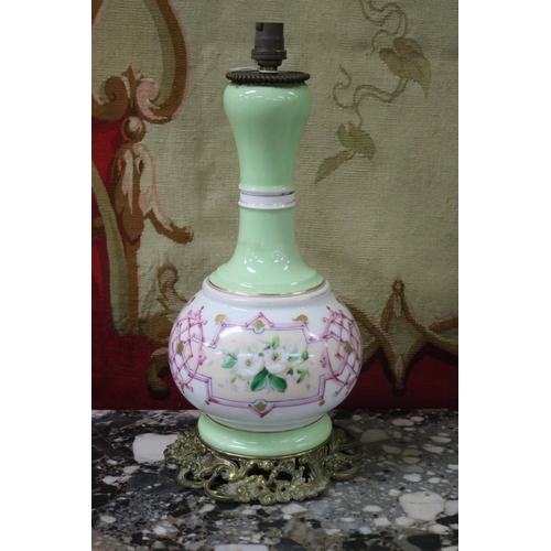 1077 - Antique French porcelain bodied lamp, pierced cast brass base, unknown working order, approx 41cm H