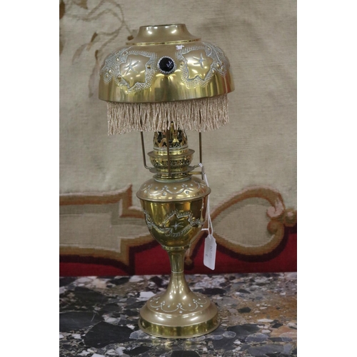 1079 - Antique French brass oil lamp, with jewelled brass shade, approx 38cm H
