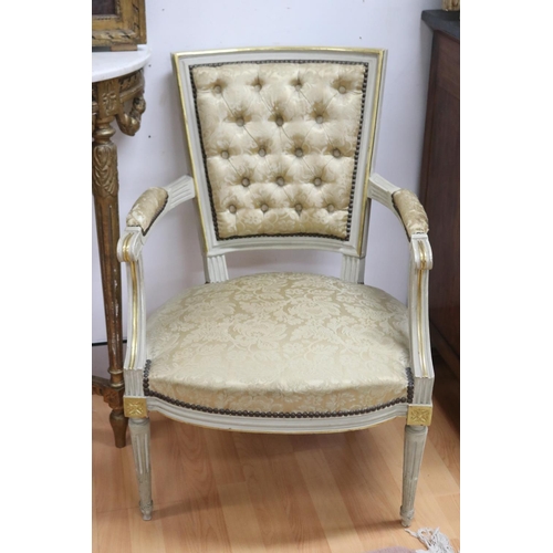 1083 - Pair of French directoire revival Fauteuils armchairs, with painted and gilt highlight finish, each ... 