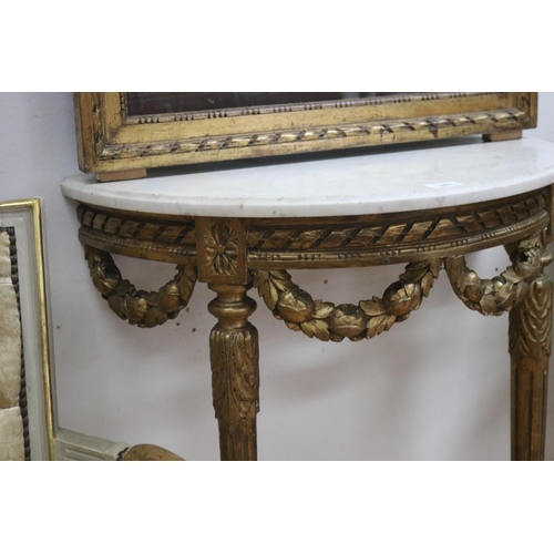 1084 - French Louis XVI style demi lune marble topped console and mirror, approx 87cm H x 66cm W x 32cm D a... 