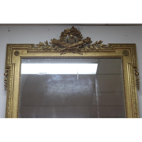 1086 - Fine antique 19th century French gilt surround salon mirror, elaborate crest with crossed torch and ... 