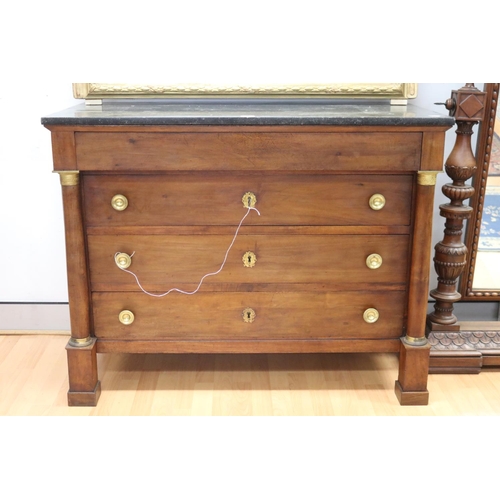 1087 - Antique French Empire revival chest of four drawers with marble top, showing ancient fossils, approx... 