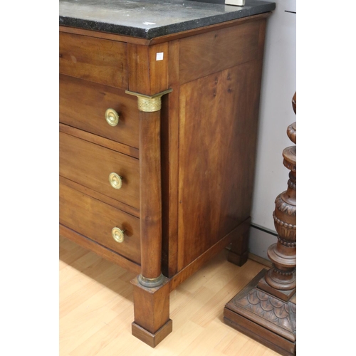 1087 - Antique French Empire revival chest of four drawers with marble top, showing ancient fossils, approx... 