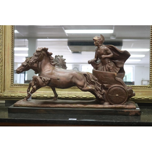 1088 - Bronzed finish composite figure group of horses and chariot, approx 43cm H x 72.5cm W x 21cm D