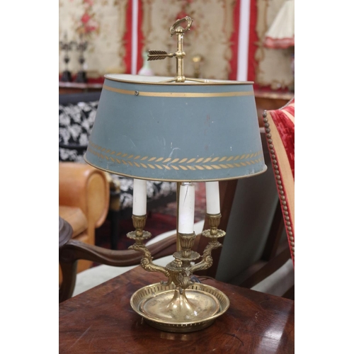 1138 - French brass dish based briolette lamp, adjustable green shade, approx 56cm H