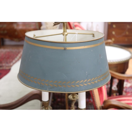 1138 - French brass dish based briolette lamp, adjustable green shade, approx 56cm H