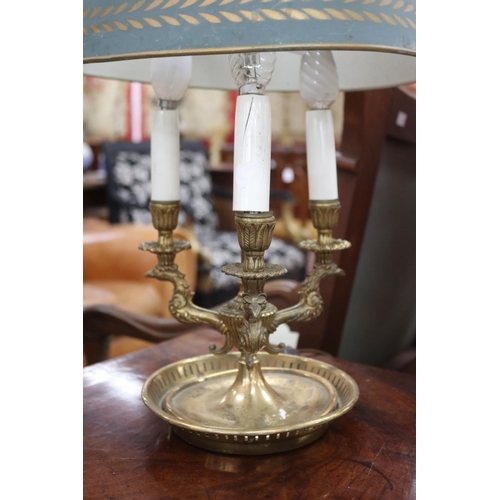 1138 - French brass dish based briolette lamp, adjustable green shade, approx 56cm H