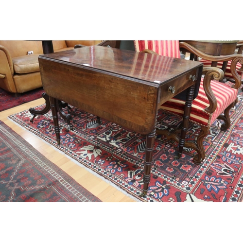 1140 - Antique English Regency mahogany, Pembroke table, fitted with a single long drawer, crossbanded rose... 