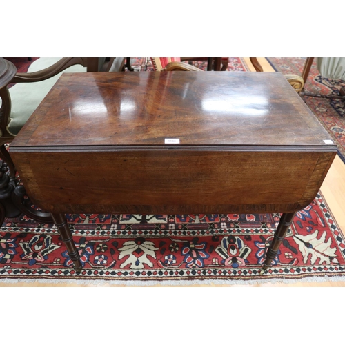 1140 - Antique English Regency mahogany, Pembroke table, fitted with a single long drawer, crossbanded rose... 