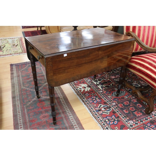 1140 - Antique English Regency mahogany, Pembroke table, fitted with a single long drawer, crossbanded rose... 