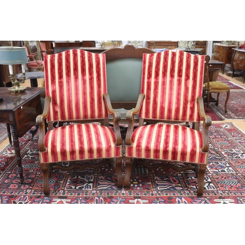 1141 - Pair of antique French Louis XIII revival walnut high back armchairs, nicely upholstered, each appro... 
