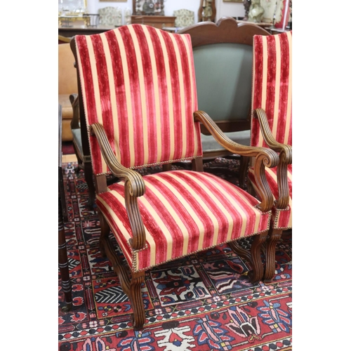 1141 - Pair of antique French Louis XIII revival walnut high back armchairs, nicely upholstered, each appro... 