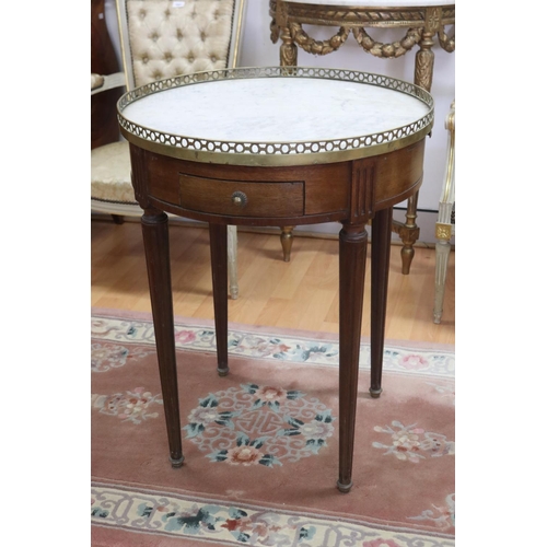 1142 - Antique French circular marble topped briolette table, with pull out sides and two small drawers, ap... 