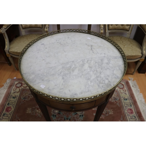 1142 - Antique French circular marble topped briolette table, with pull out sides and two small drawers, ap... 