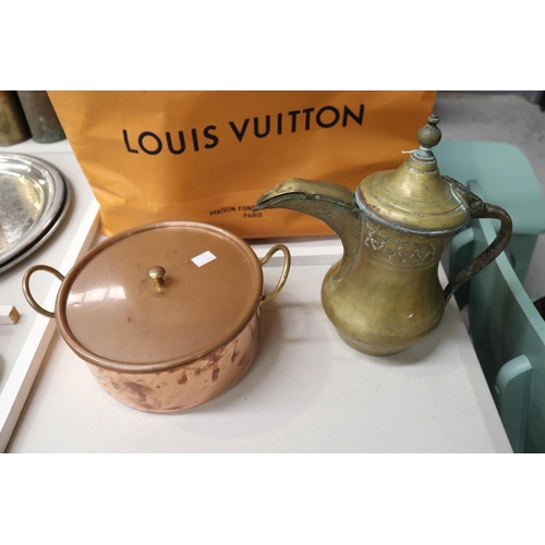 144 - Antique coffee pot along with a vintage lidded twin handled saucepan, approx 26cm H and shorter (2)