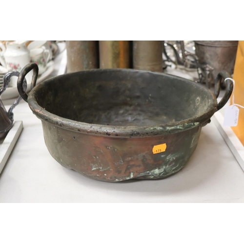 156 - Antique French twin handled copper jam pan, approx 13cm H (ex handle) x 36cm Dia