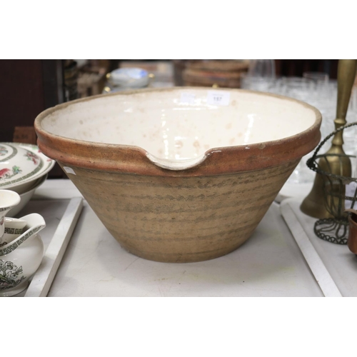 157 - Large French antique earthernware dairy bowl, approx 19cm H x 38cm Dia