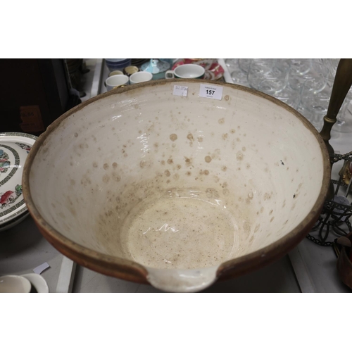 157 - Large French antique earthernware dairy bowl, approx 19cm H x 38cm Dia