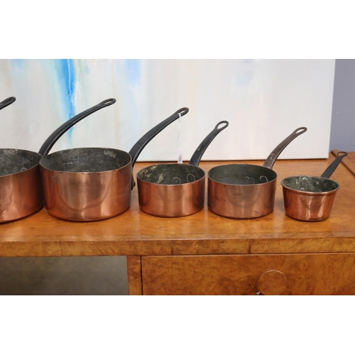 184 - Set of French antique and vintage copper saucepans, approx 22cm Dia (ex handle) and smaller (7)