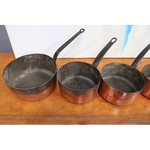 184 - Set of French antique and vintage copper saucepans, approx 22cm Dia (ex handle) and smaller (7)