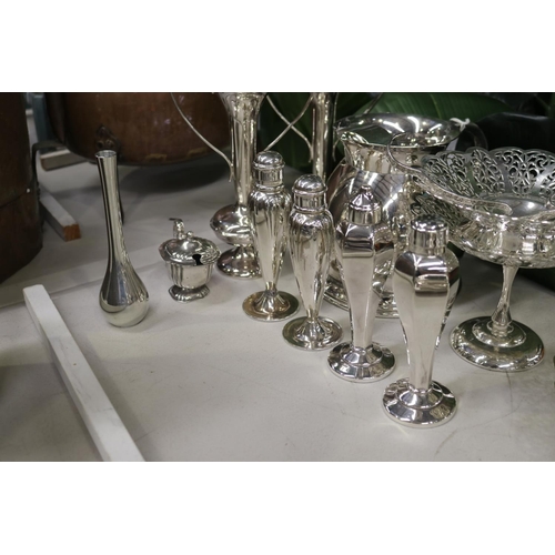 210 - Assortment of silver plate, to include jugs, entree dish, pepper and salts etc
approx 20cm H and sho... 