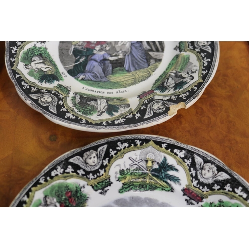 216 - Collection of antique French series ware plates, of three different part sets, approx 22cm Dia and s... 