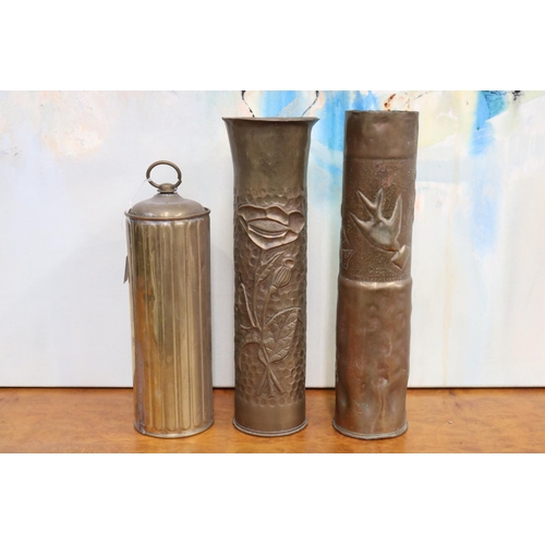 217 - Two trench art vases along with another, approx 35cm H and shorter (3)