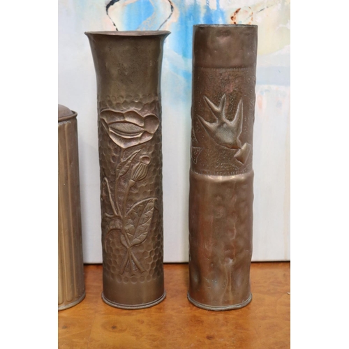 217 - Two trench art vases along with another, approx 35cm H and shorter (3)