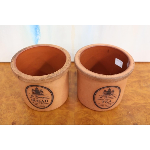 226 - Two Mr Brannams terracotta pots, Tea and Sugar,  each approx 11cm H x 12cm Dia (2)